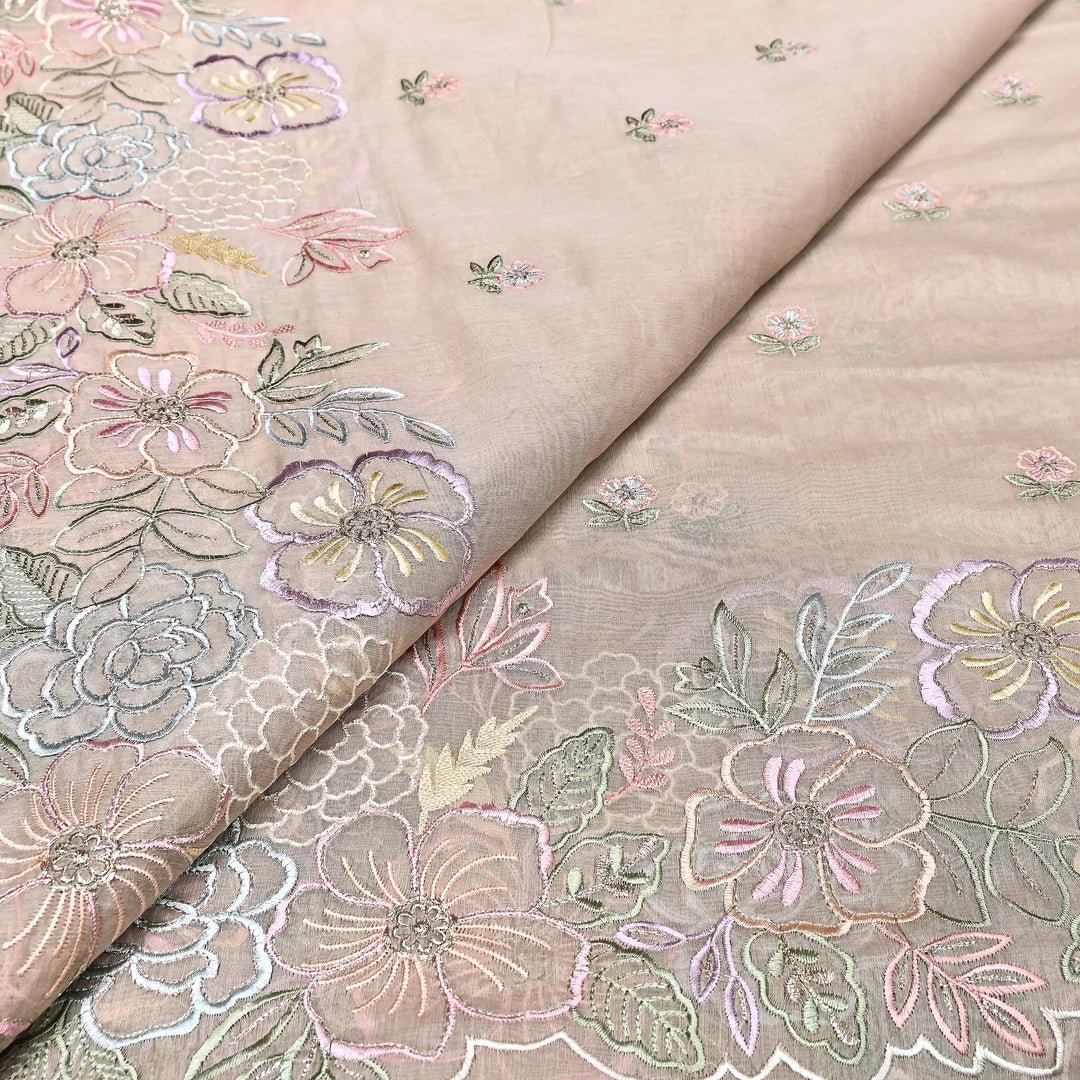 Mul Chanderi Floral Thread & Zari Embroidery Fabric – Designer Summer Fabric RS-162 - Design For Destiny