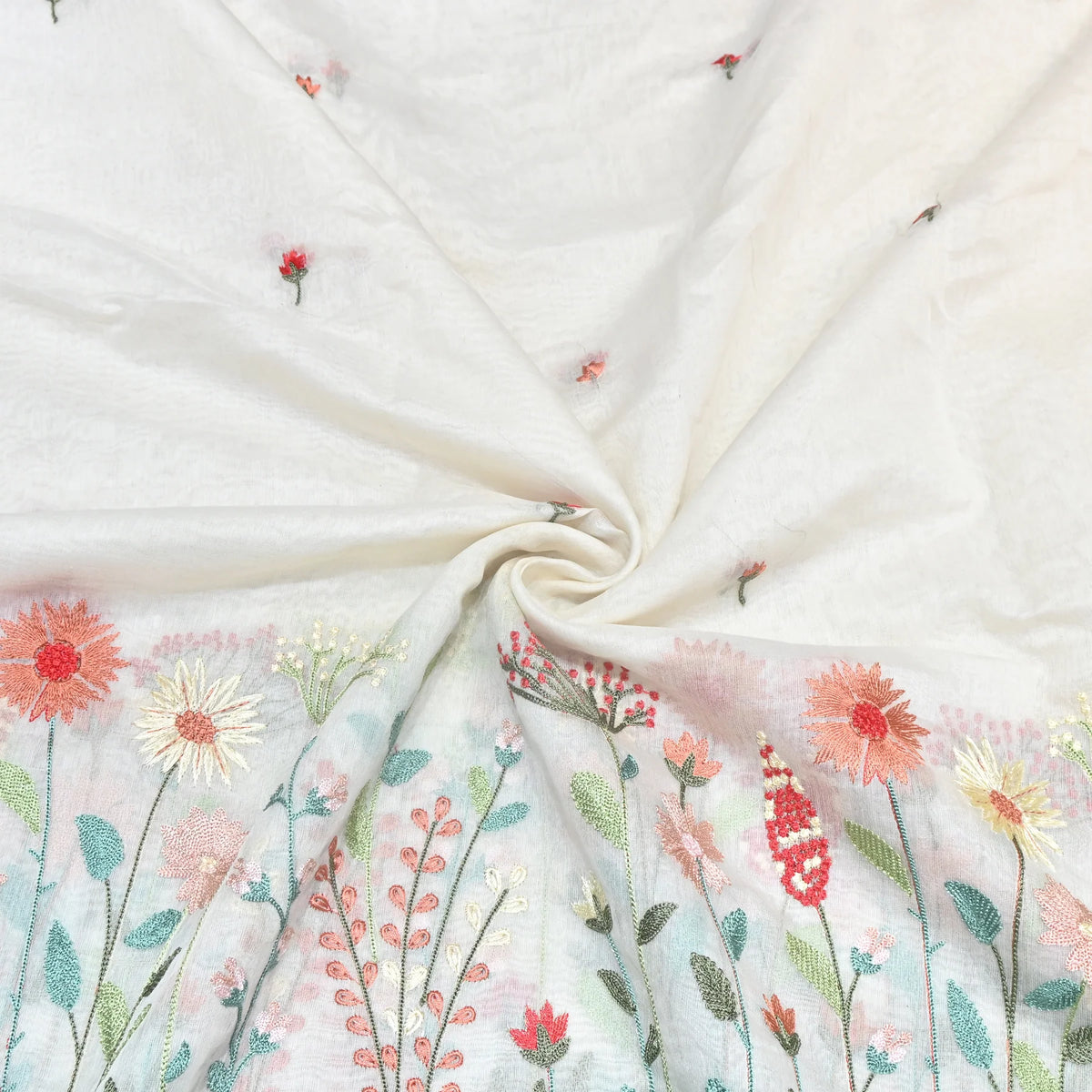 Mul Chanderi Floral Thread Embroidery Fabric – Elegant Buti Designer Fabric -1026 - Design For Destiny