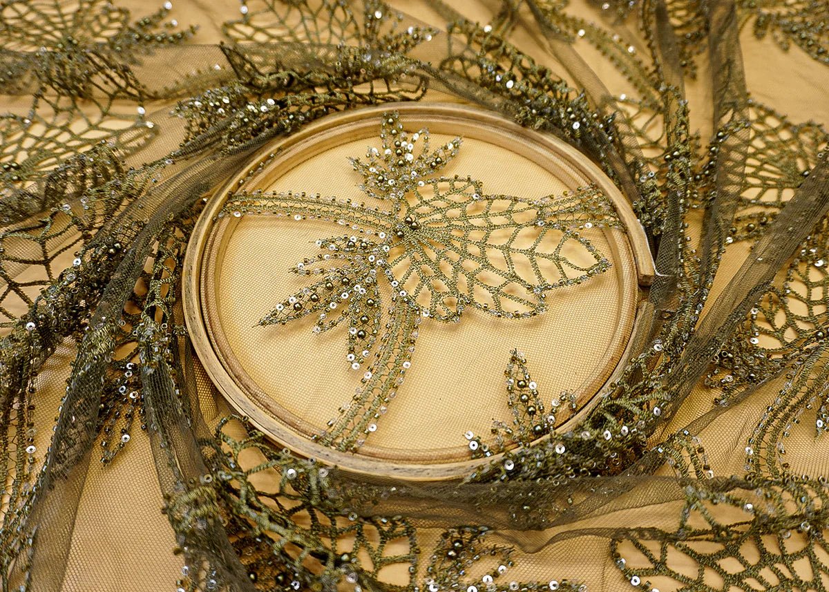 Mehandi Imported Net Fabric with Allover Cutwork, Sequins, Beads, Pearls & Thread PG-107 - Design For Destiny