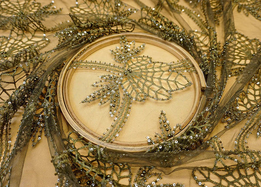 Mehandi Imported Net Fabric with Allover Cutwork, Sequins, Beads, Pearls & Thread PG-107 - Design For Destiny