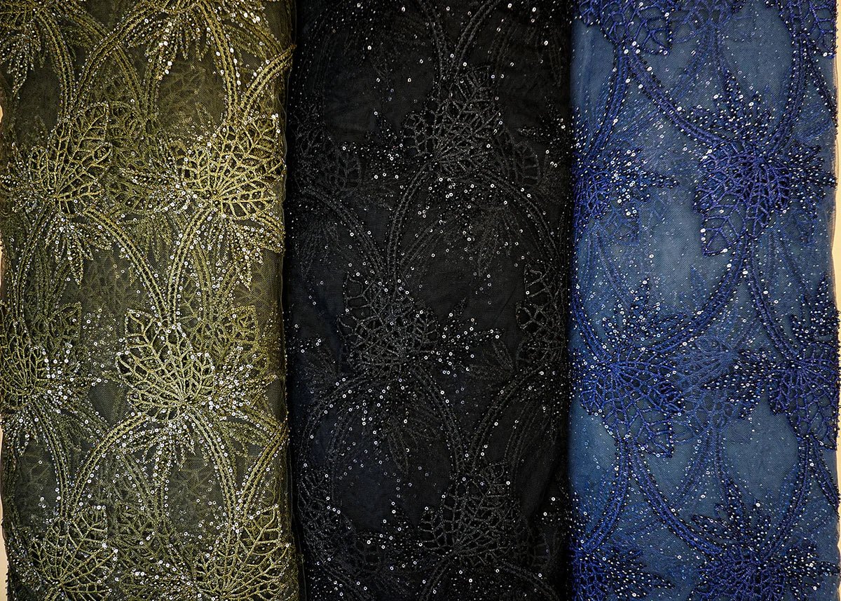 Mehandi Imported Net Fabric with Allover Cutwork, Sequins, Beads, Pearls & Thread PG-107 - Design For Destiny