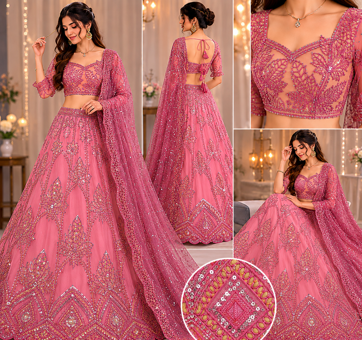 Pink Exquisite Imported Net Fabric with All-Over Cutwork and Sequins PG-108 - Design For Destiny