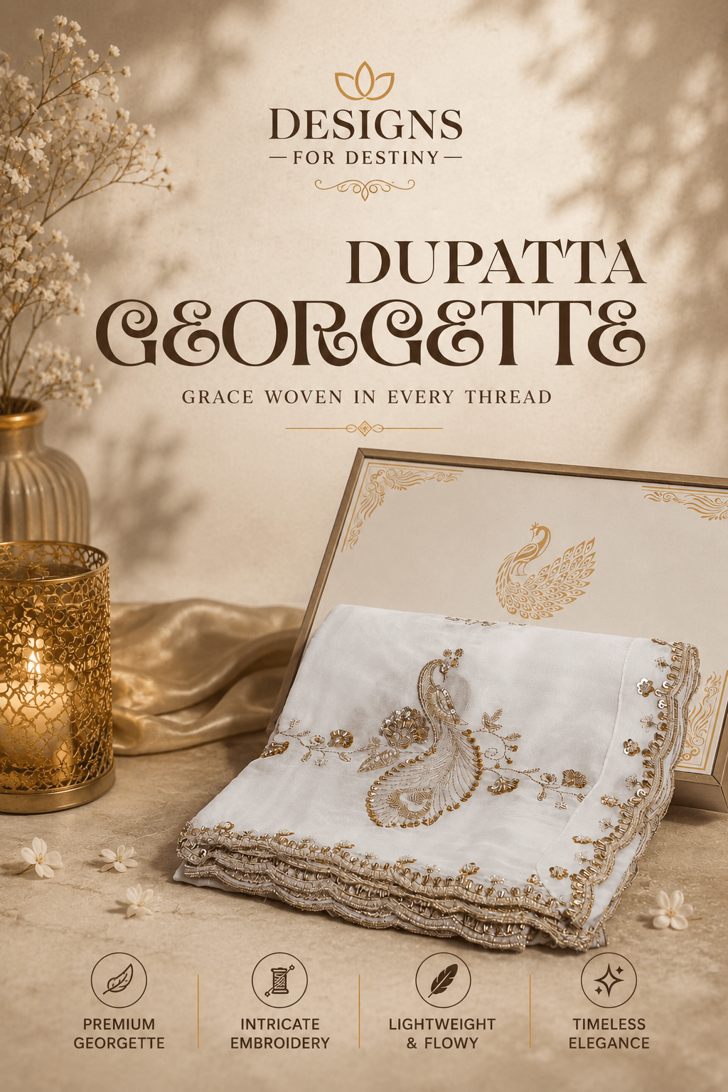 White Georgette Dupatta With All Over Bead, Sequins And Katdana Work- PG113 - Design For Destiny