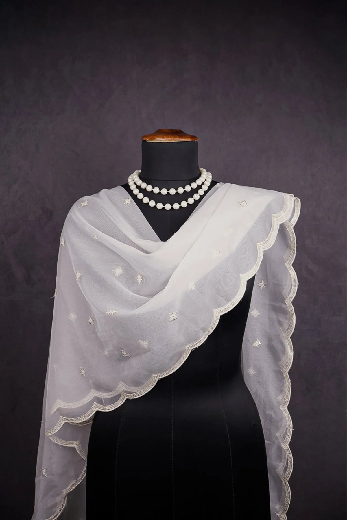 White Dyeable Organza Dupatta With All Over Thread And Sequins Work PG-111 - Design For Destiny