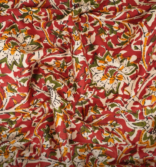 Red Kalamkari Print Cotton Fabric TU 107 - Design For Destiny
