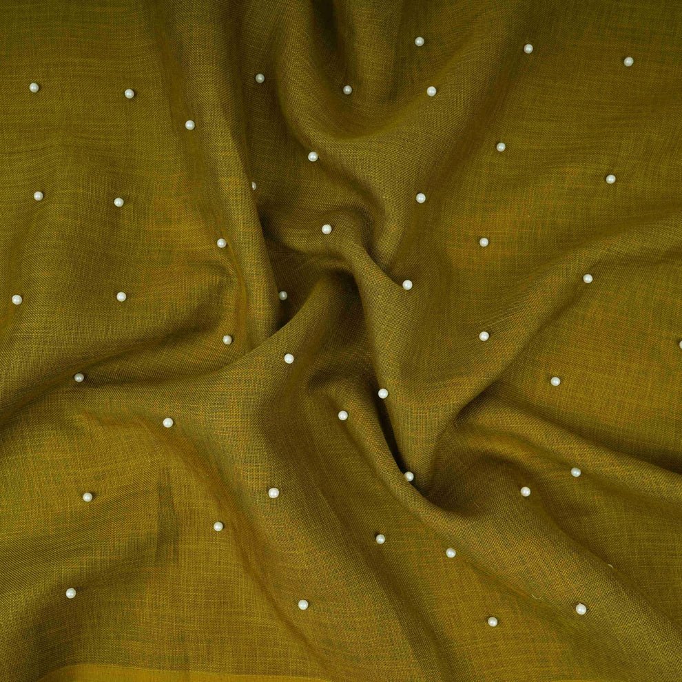 Olive Green Beads Work Linen Fabric TU-176 - Design For Destiny