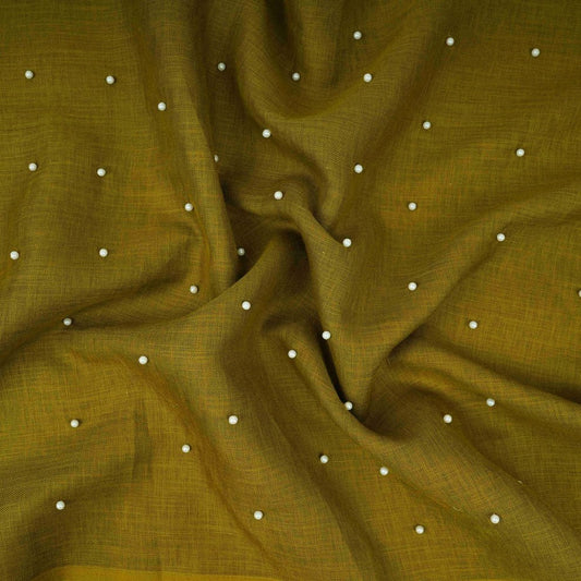 Olive Green Beads Work Linen Fabric TU-176 - Design For Destiny