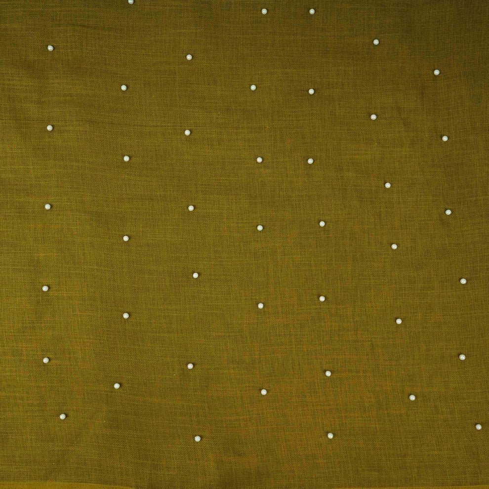 Olive Green Beads Work Linen Fabric TU-176 - Design For Destiny