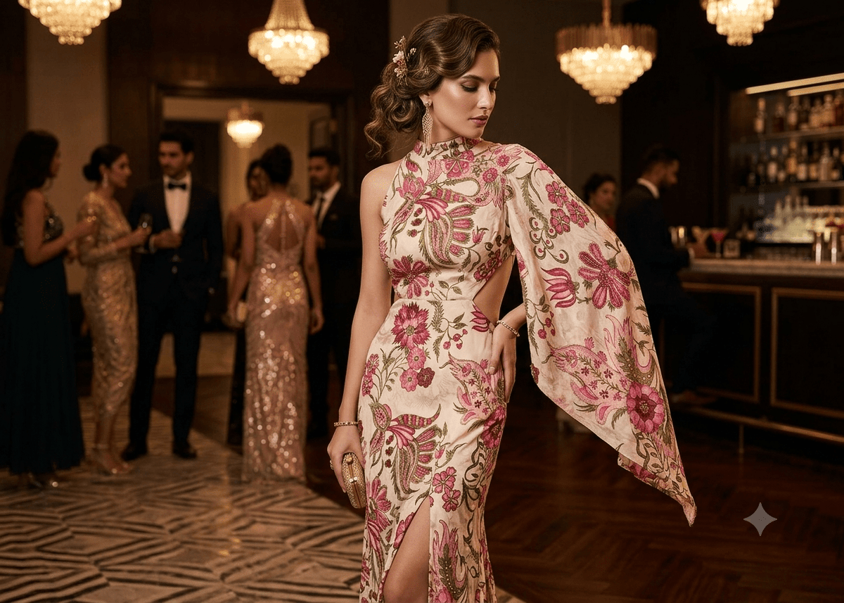 Cream Organza Fabric With All Over Floral Print, Bead And Katdana Work PG-140 - Design For Destiny