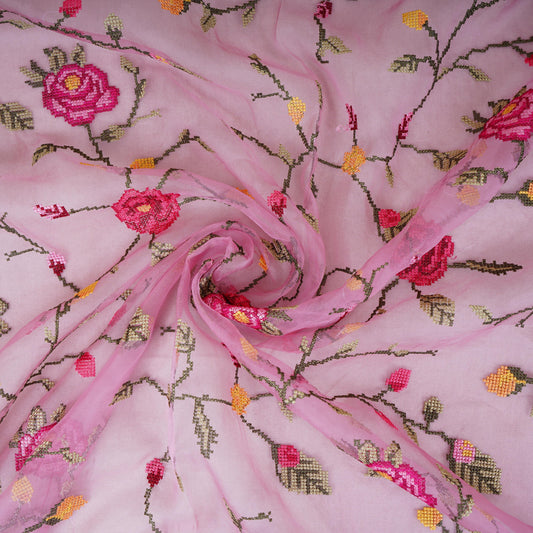 Pink French Knot Embroidery Organza Fabric AR- 1004 - Design For Destiny