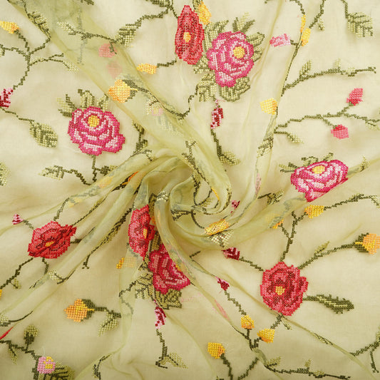 Green French Knot Embroidery Organza Fabric AR-1005 - Design For Destiny