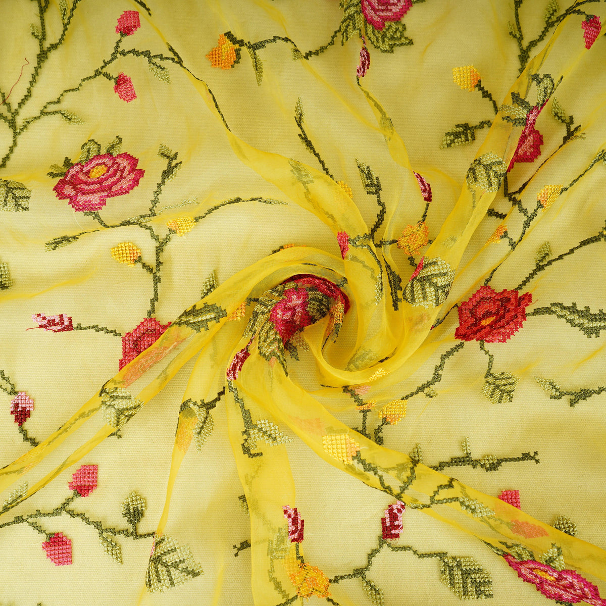 Yellow French Knot Embroidery Organza Fabric AR-1007 - Design For Destiny