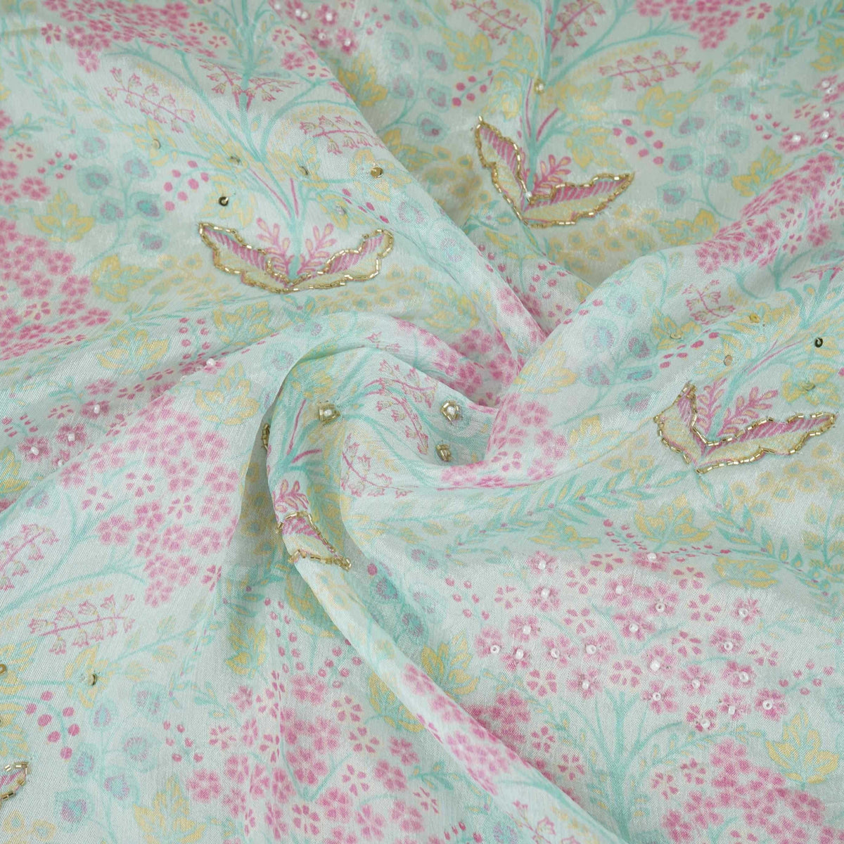Purple Floral Cutdana Embroidery Chinnon Fabric AR-1008 - Design For Destiny