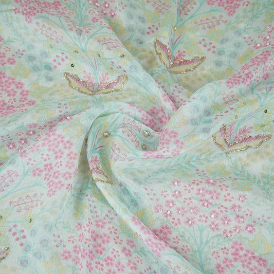 Purple Floral Cutdana Embroidery Chinnon Fabric AR-1008 - Design For Destiny