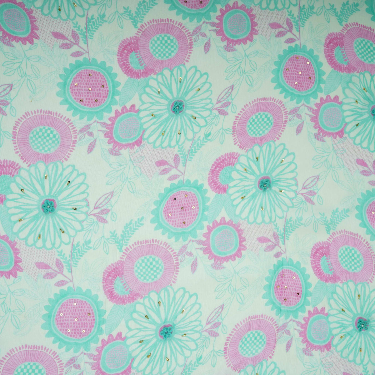 Pink With Multicolor Floral Cutdana Chinnon Fabric AR- 1009 - Design For Destiny