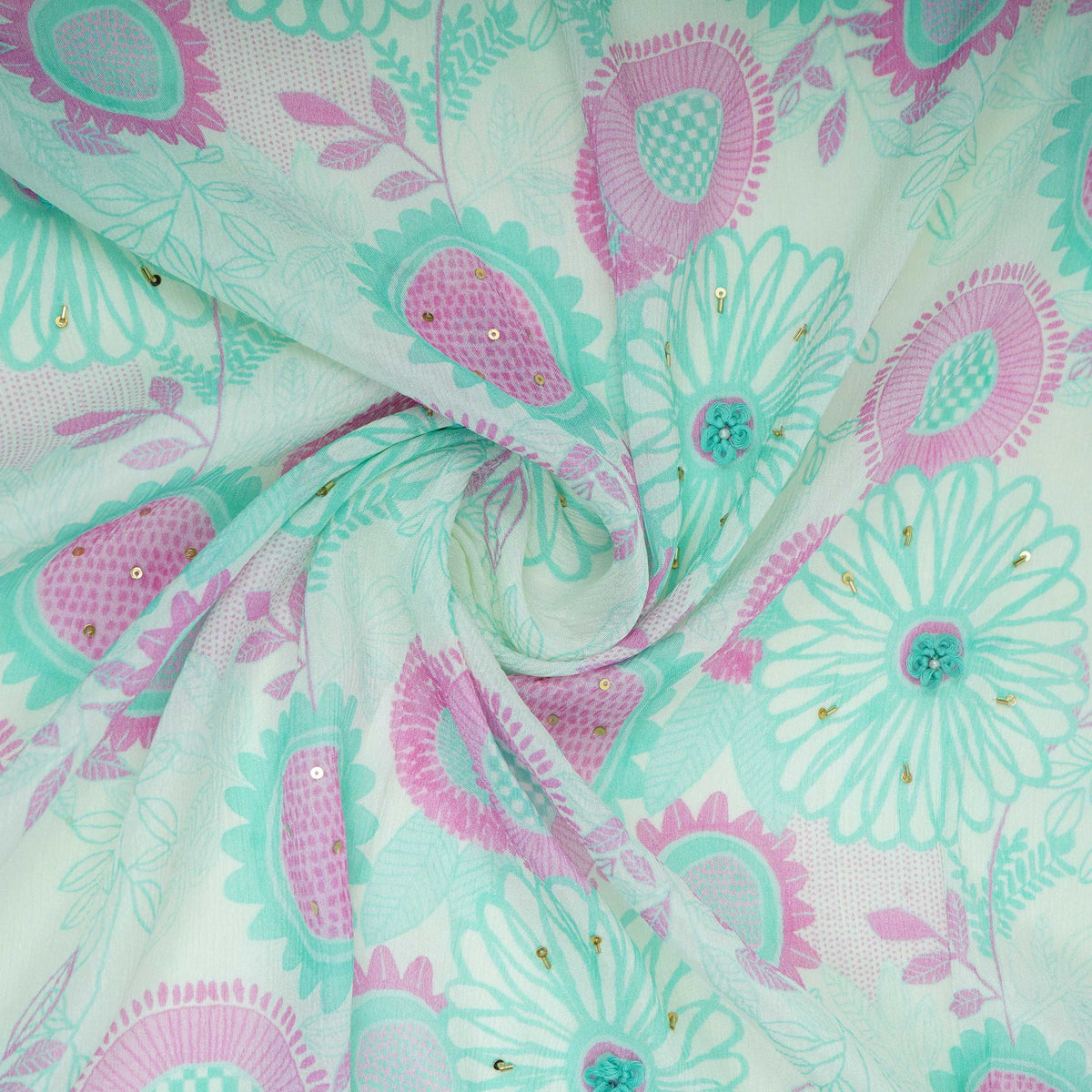 Pink With Multicolor Floral Cutdana Chinnon Fabric AR- 1009 - Design For Destiny