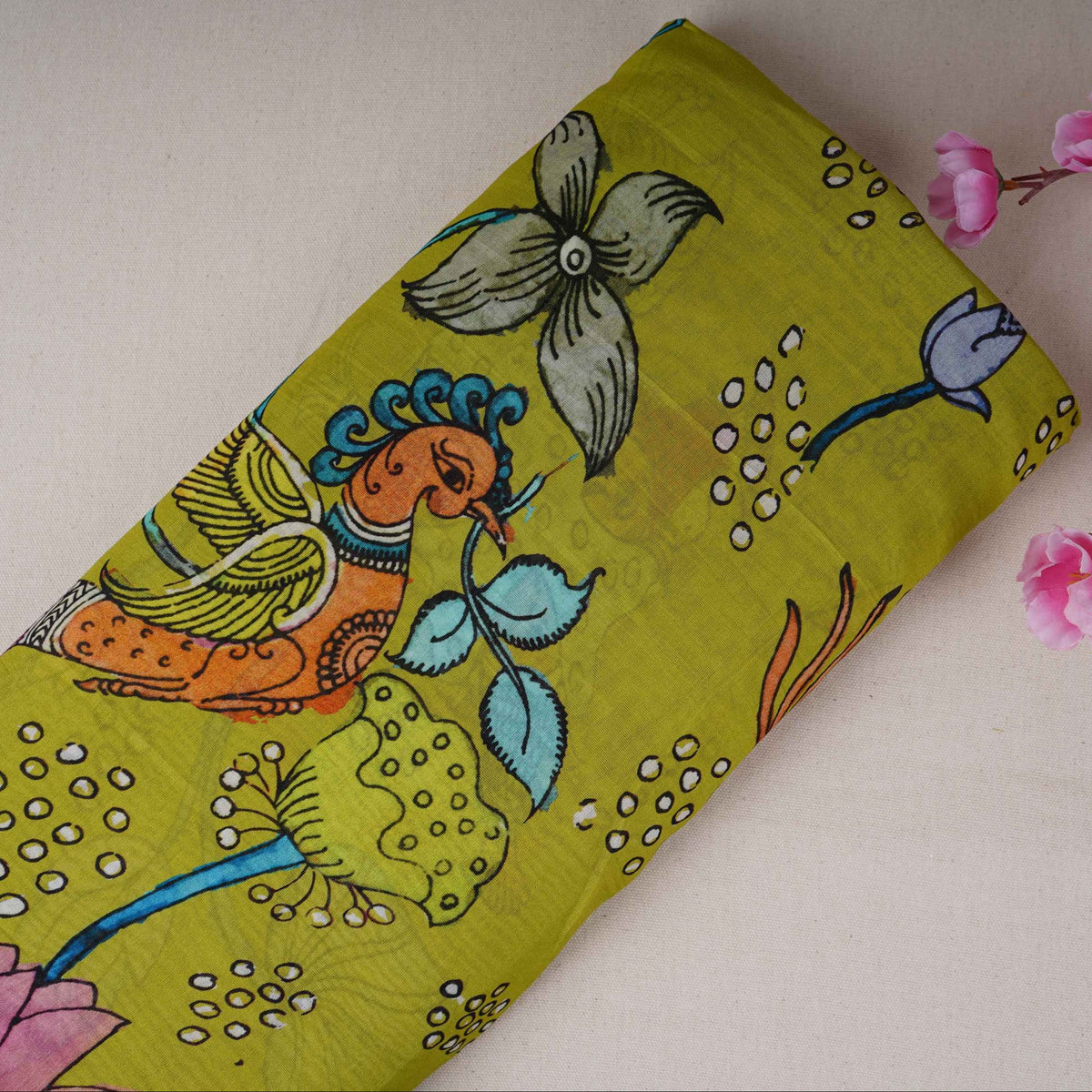 Mehendi Green Kalamkari Print Pure Chanderi Fabric AR- 1011 - Design For Destiny