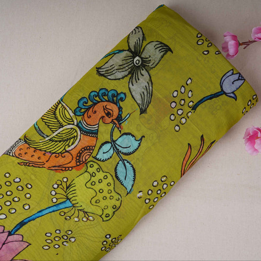 Mehendi Green Kalamkari Print Pure Chanderi Fabric AR- 1011 - Design For Destiny