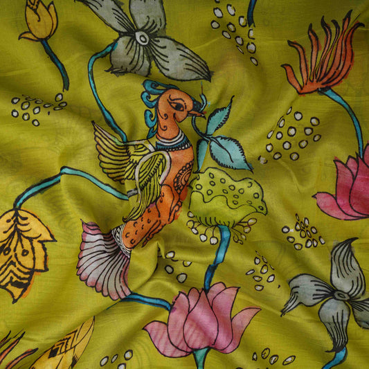 Mehendi Green Kalamkari Print Pure Chanderi Fabric AR- 1011 - Design For Destiny