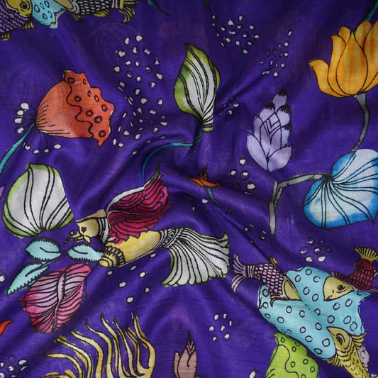 Royal Blue Kalamkari Print Pure Chanderi Fabric AR- 1012 - Design For Destiny