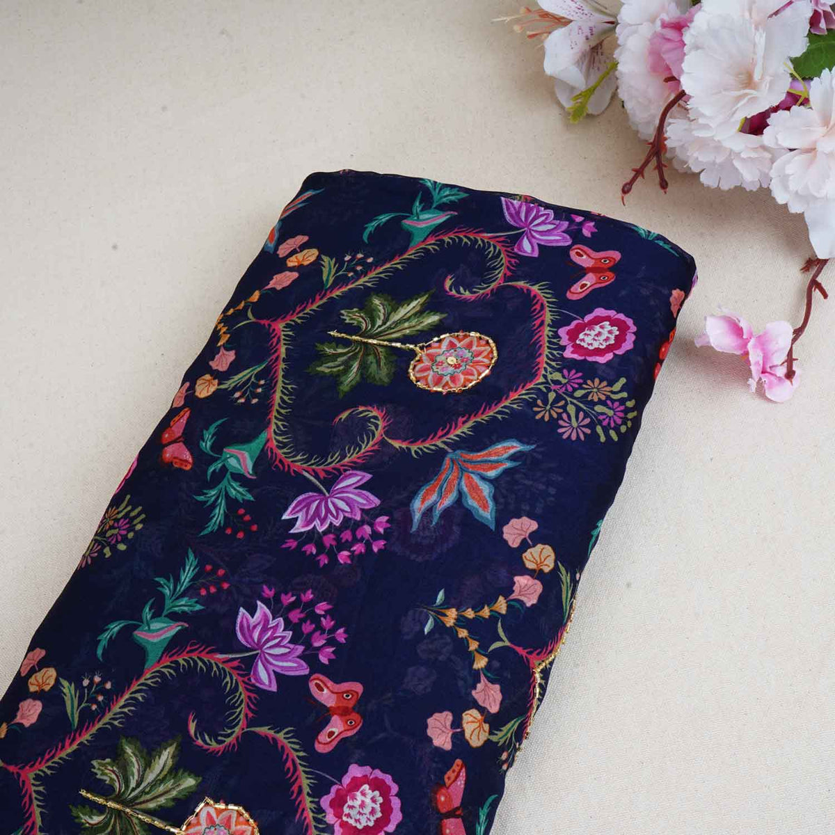 Navy Blue Cutdana Work Floral Print Organza Fabric - Design For Destiny