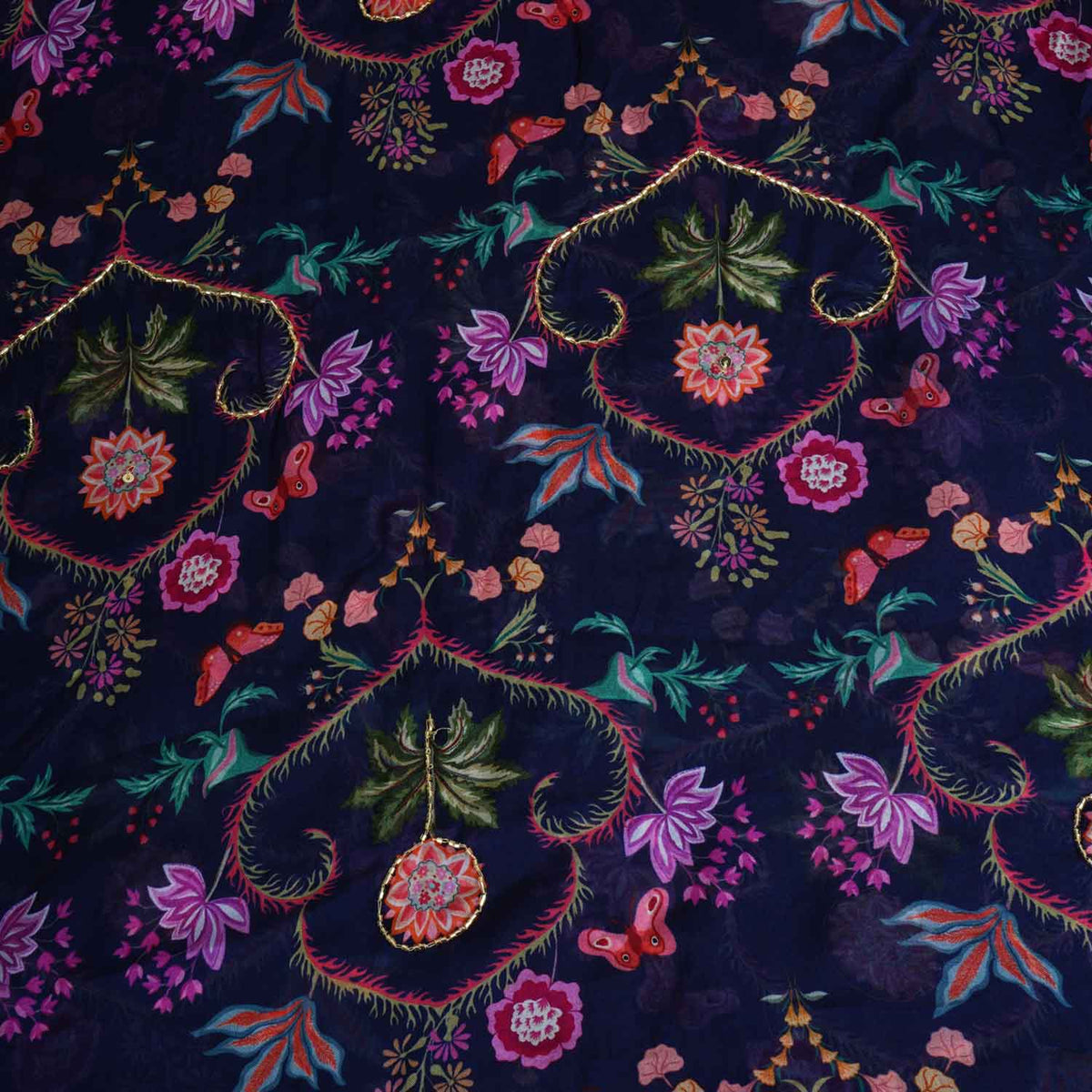 Navy Blue Cutdana Work Floral Print Organza Fabric - Design For Destiny