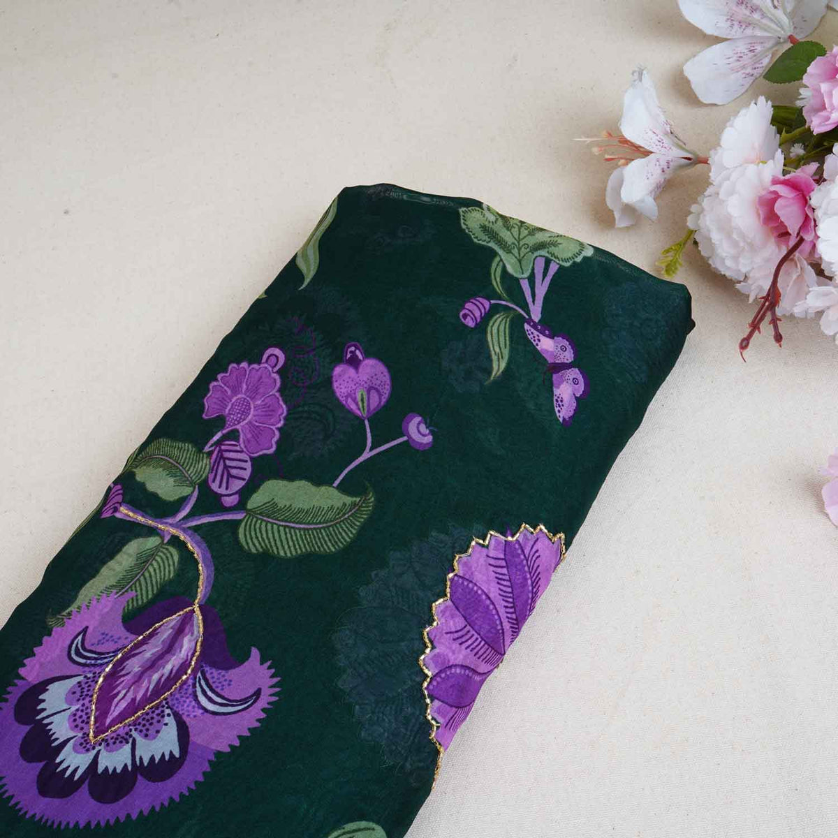 Dark Green Cutdana Hand Work Floral Print Organza Fabric - Design For Destiny