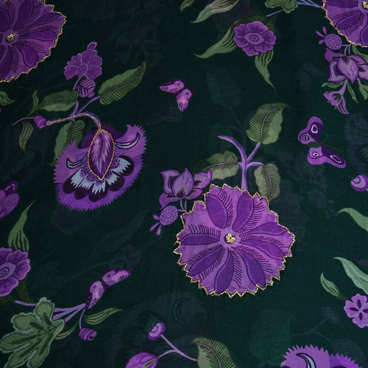 Dark Green Cutdana Hand Work Floral Print Organza Fabric - Design For Destiny