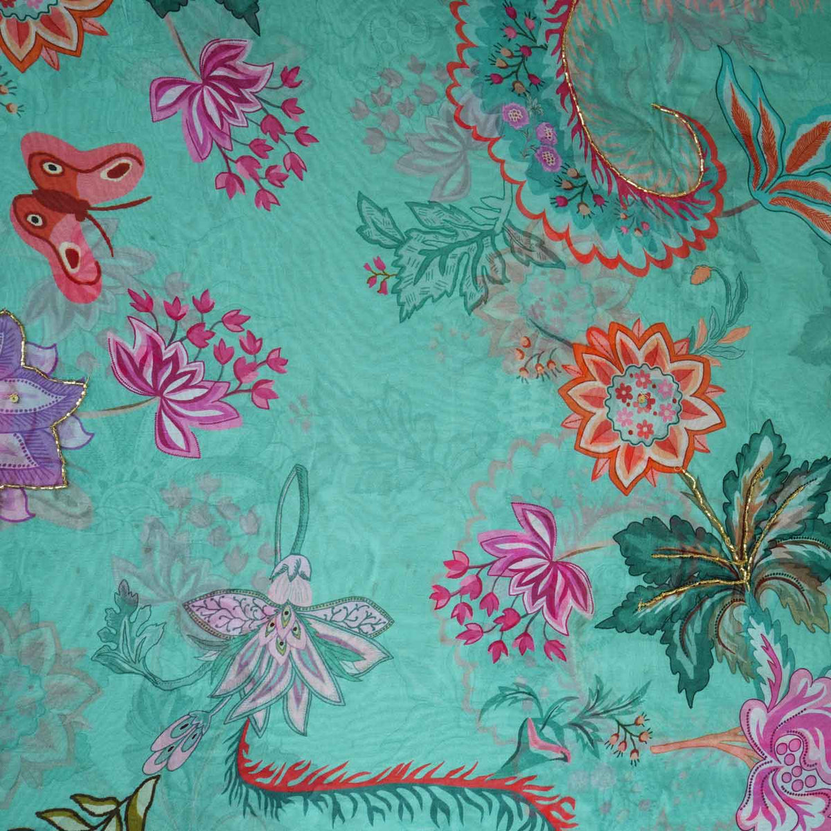 Mint Green Cutdana Hand Work Floral Print Organza Fabric - Design For Destiny