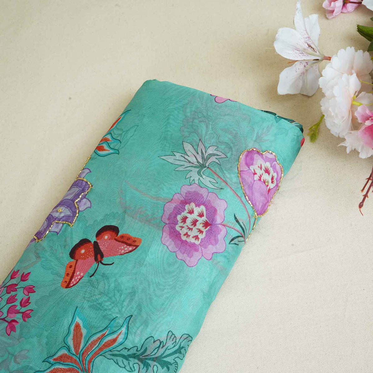 Mint Green Cutdana Hand Work Floral Print Organza Fabric - Design For Destiny