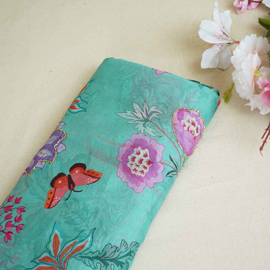 Mint Green Cutdana Hand Work Floral Print Organza Fabric - Design For Destiny