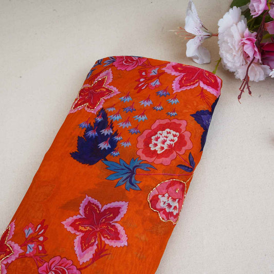 Orange Cutdana Hand Work Floral Print Organza Fabric - Design For Destiny