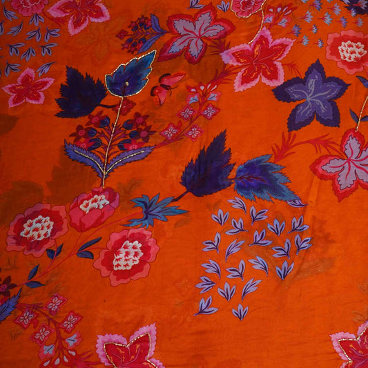 Orange Cutdana Hand Work Floral Print Organza Fabric - Design For Destiny