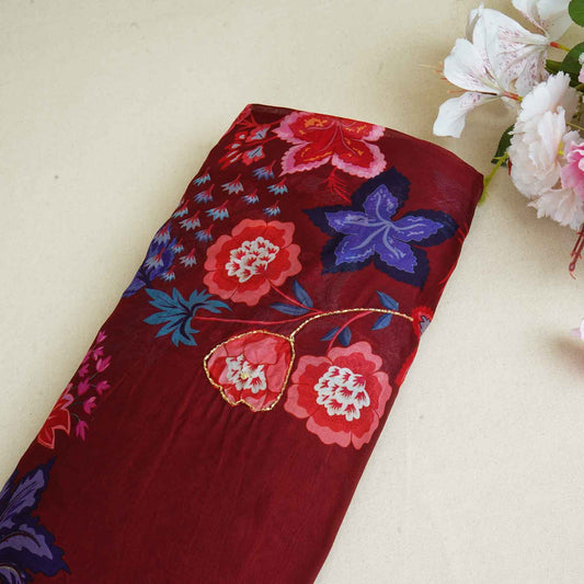 Wine Cutdana Hand Work Floral Print Organza Fabric - Design For Destiny
