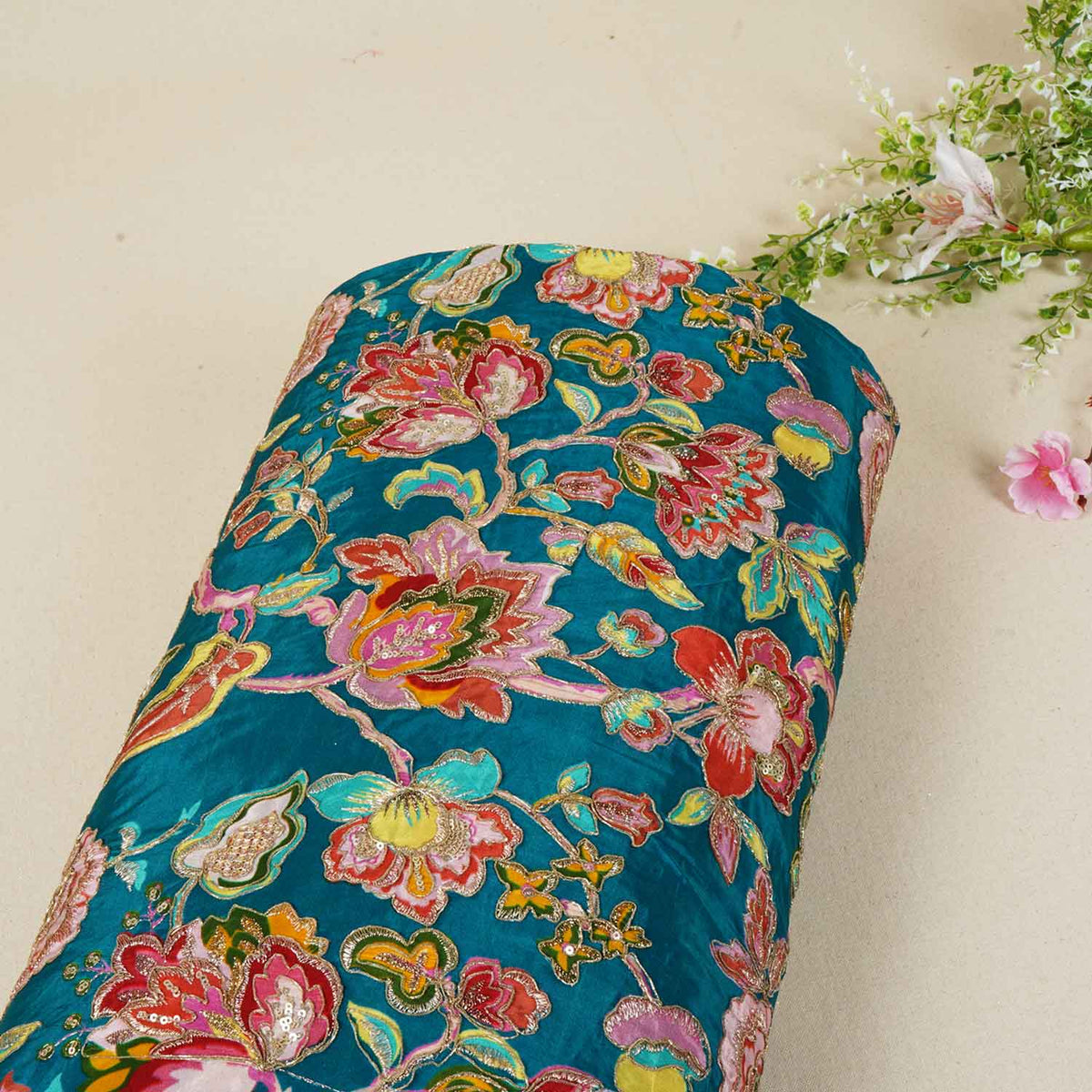 Teal Blue Position Print Zari Embroidery Crepe Fabric - Design For Destiny