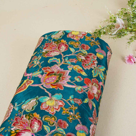 Teal Blue Position Print Zari Embroidery Crepe Fabric - Design For Destiny
