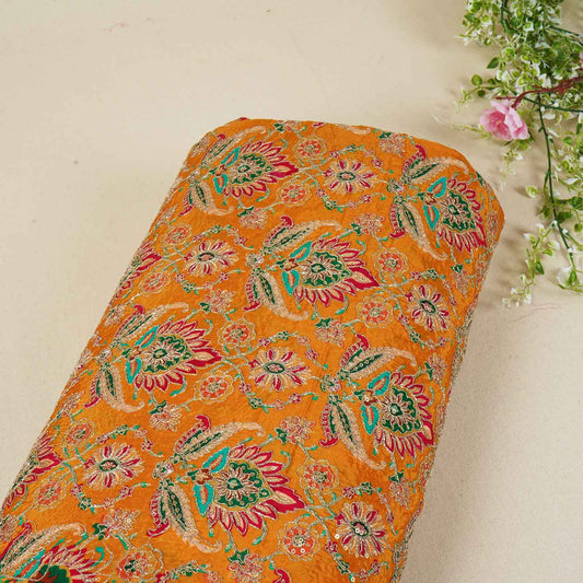 Mustard Yellow Position Print Zari Embroidery Crepe Fabric - Design For Destiny