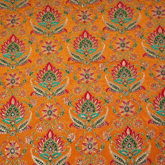 Mustard Yellow Position Print Zari Embroidery Crepe Fabric - Design For Destiny