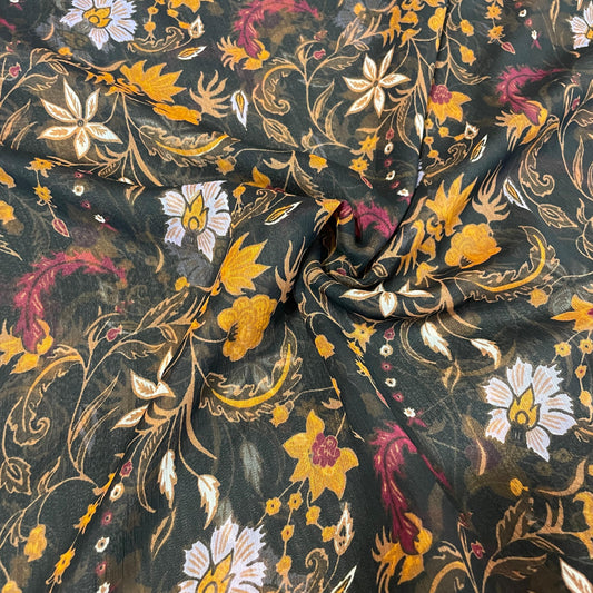 Black Floral Print Georgette Fabric - Design For Destiny