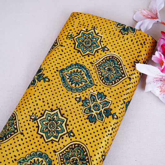 Mustard Yellow Ajrakh Print Mashru Silk Fabric - Design For Destiny