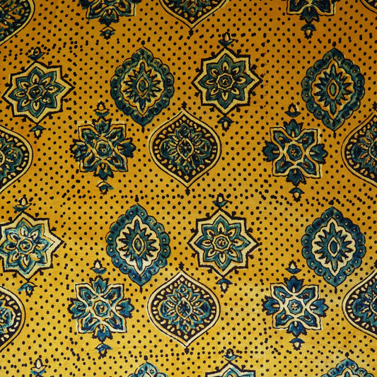 Mustard Yellow Ajrakh Print Mashru Silk Fabric - Design For Destiny