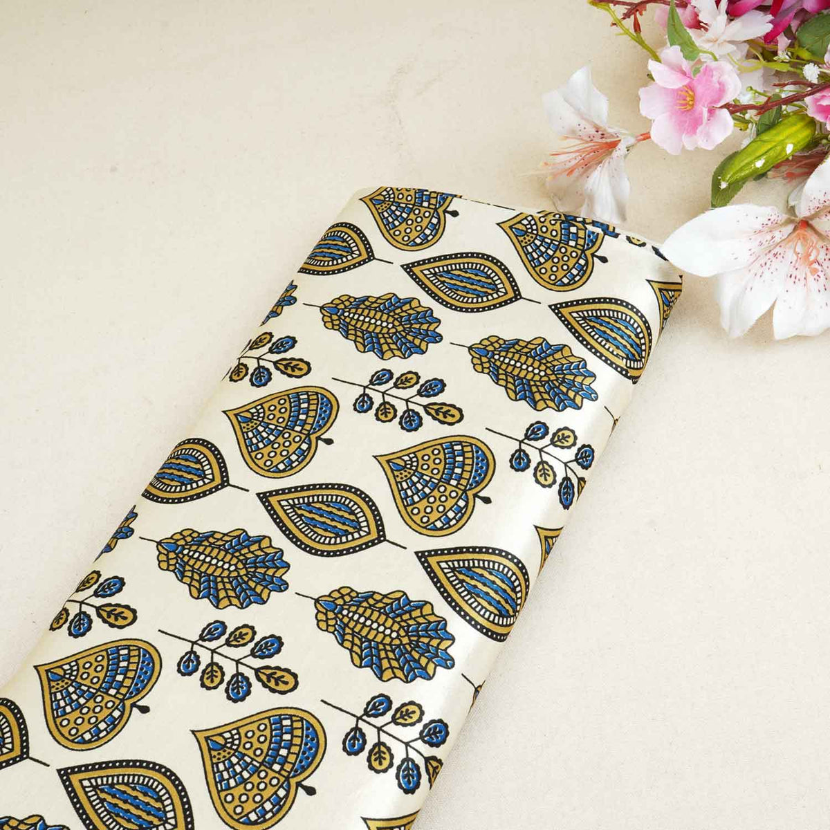Cream Floral Print Mashru Silk Fabric - Design For Destiny