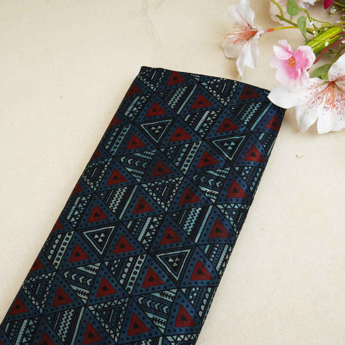 Teal Blue With Multicolour Geometrical Print Mashru Silk Fabric - Design For Destiny