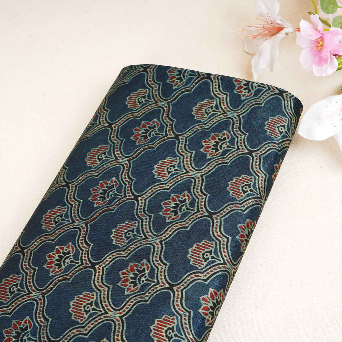 Teal Blue Floral Print Mashru Silk Fabric - Design 1 - Design For Destiny