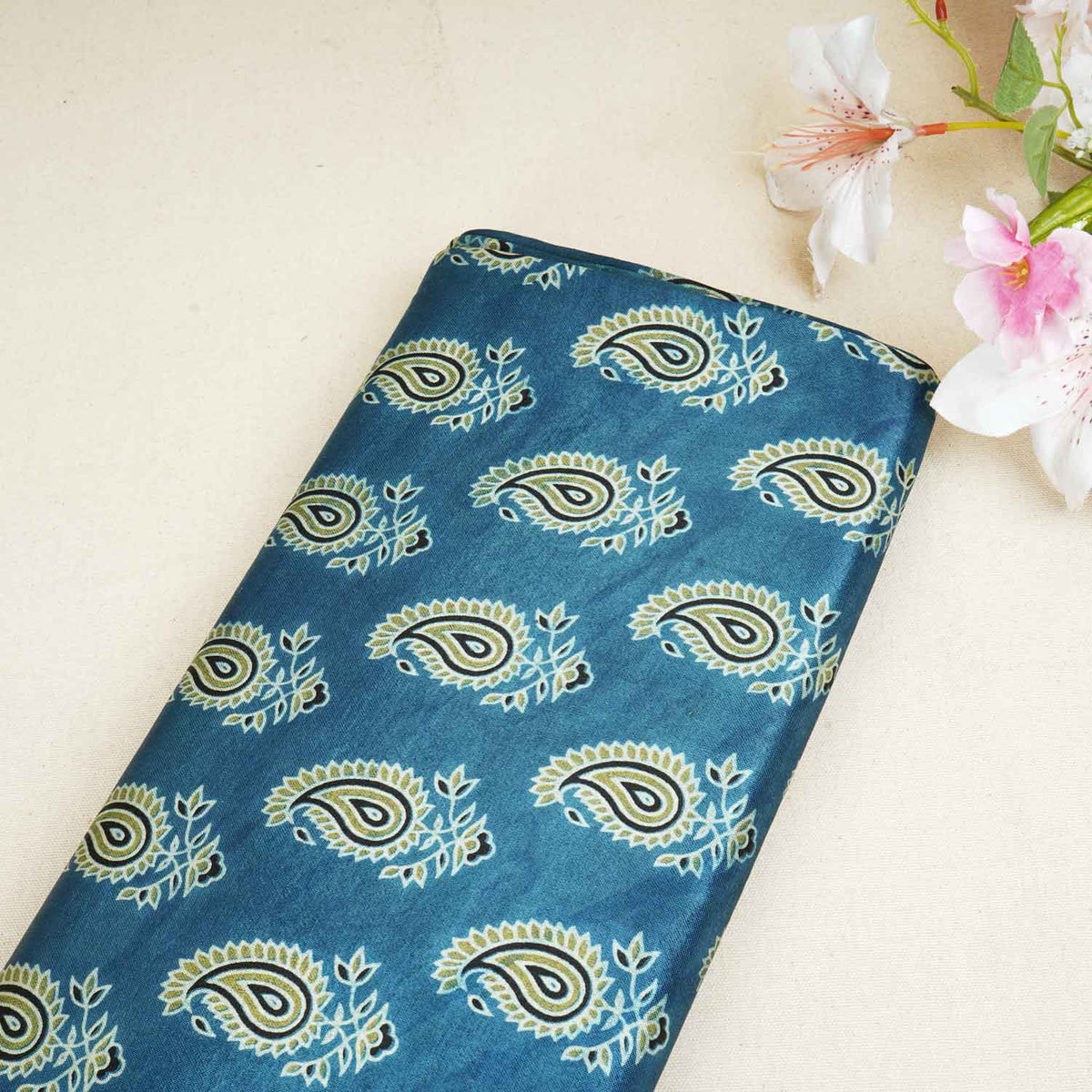 Teal Blue Floral Print Mashru Silk Fabric - Design 2 - Design For Destiny