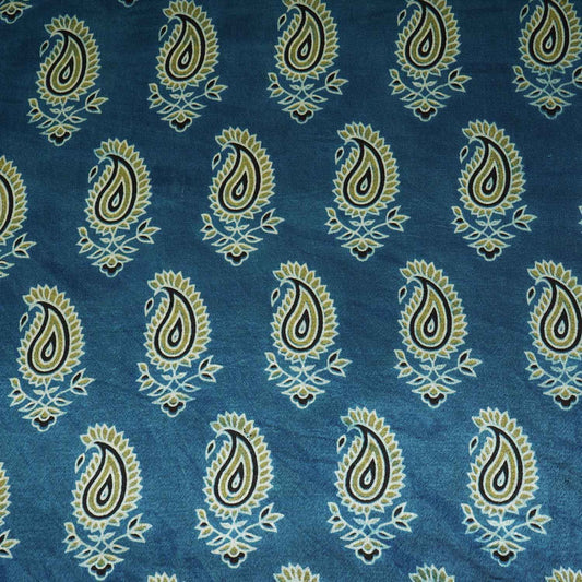 Teal Blue Floral Print Mashru Silk Fabric - Design 2 - Design For Destiny