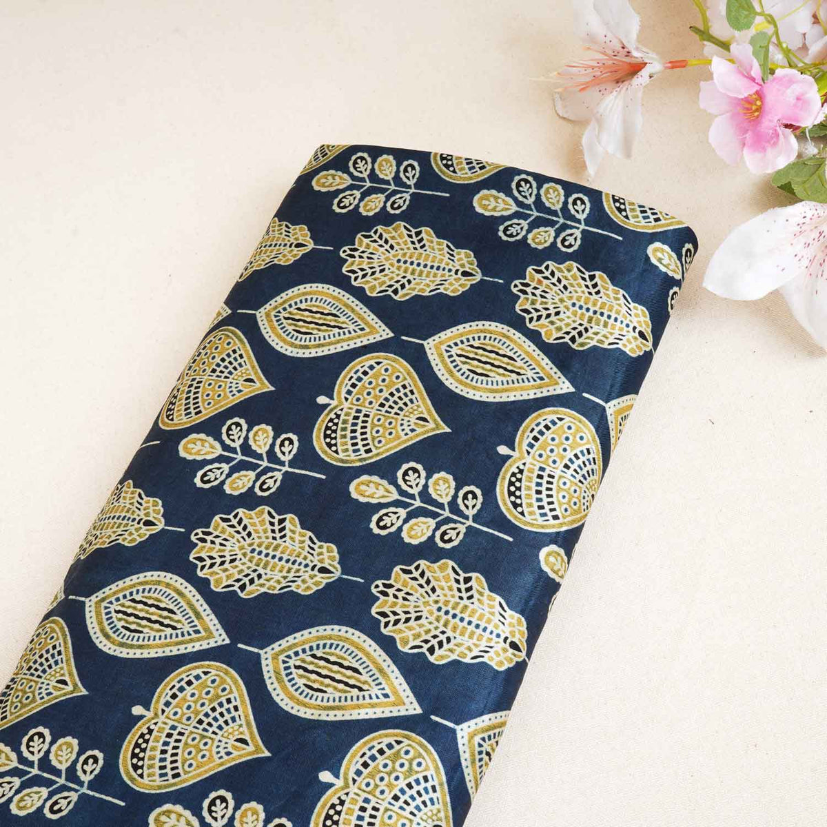 Teal Blue Floral Print Mashru Silk Fabric - Design 3 - Design For Destiny