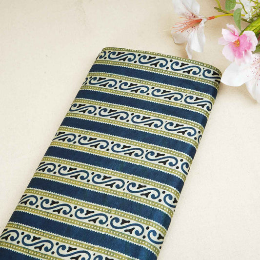 Teal Blue stripes Print Mashru Silk Fabric - Design For Destiny