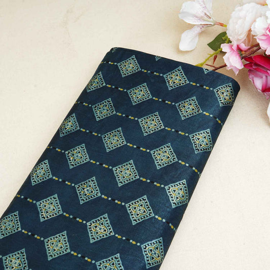 Teal Blue Floral Print Mashru Silk Fabric - Design 5 - Design For Destiny