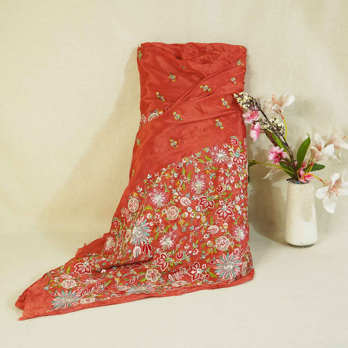 Peach Thread Embroidery Chinon Fabric - Design For Destiny